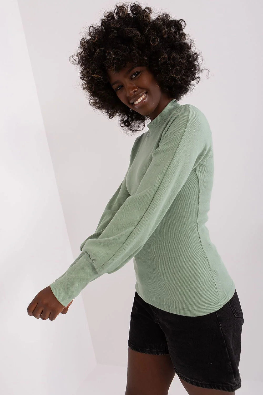 Chemisier femme Rue Paris manches longues coton élasthanne sage vert coupe ajustée poignets larges mode élégante
