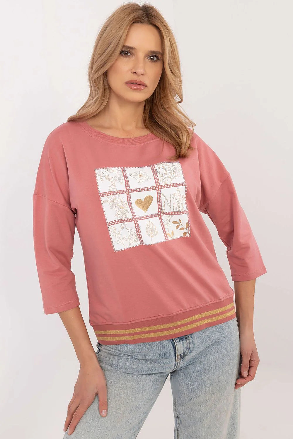 chemisier décontracté femme manches trois quarts coton élasthanne ample structurée col rond motif floral cœur doré rose légère élégante polyvalente