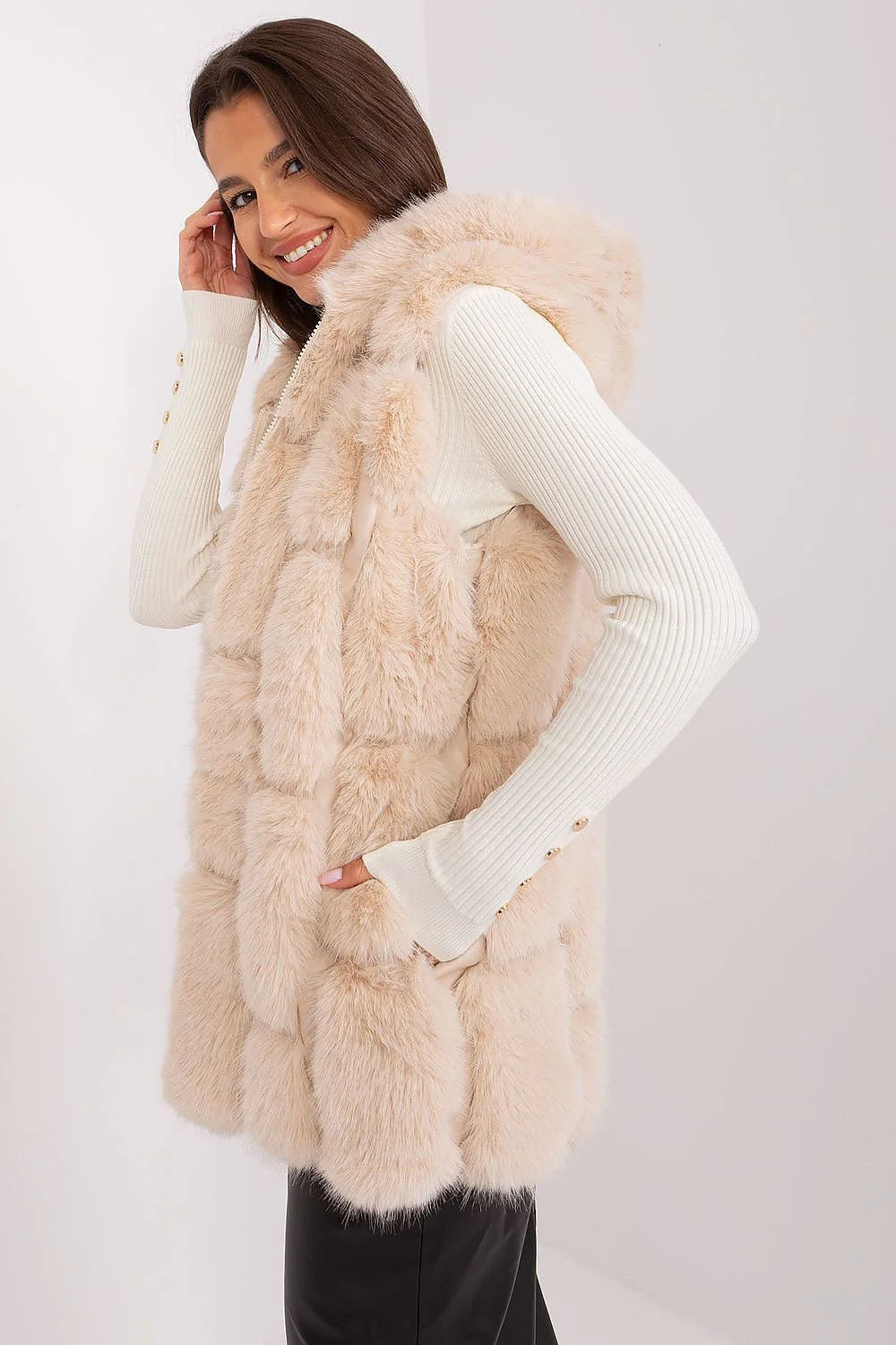 Gilet en fausse fourrure pour femme beige clair sans manches coupe droite longue col montant fermeture éclair