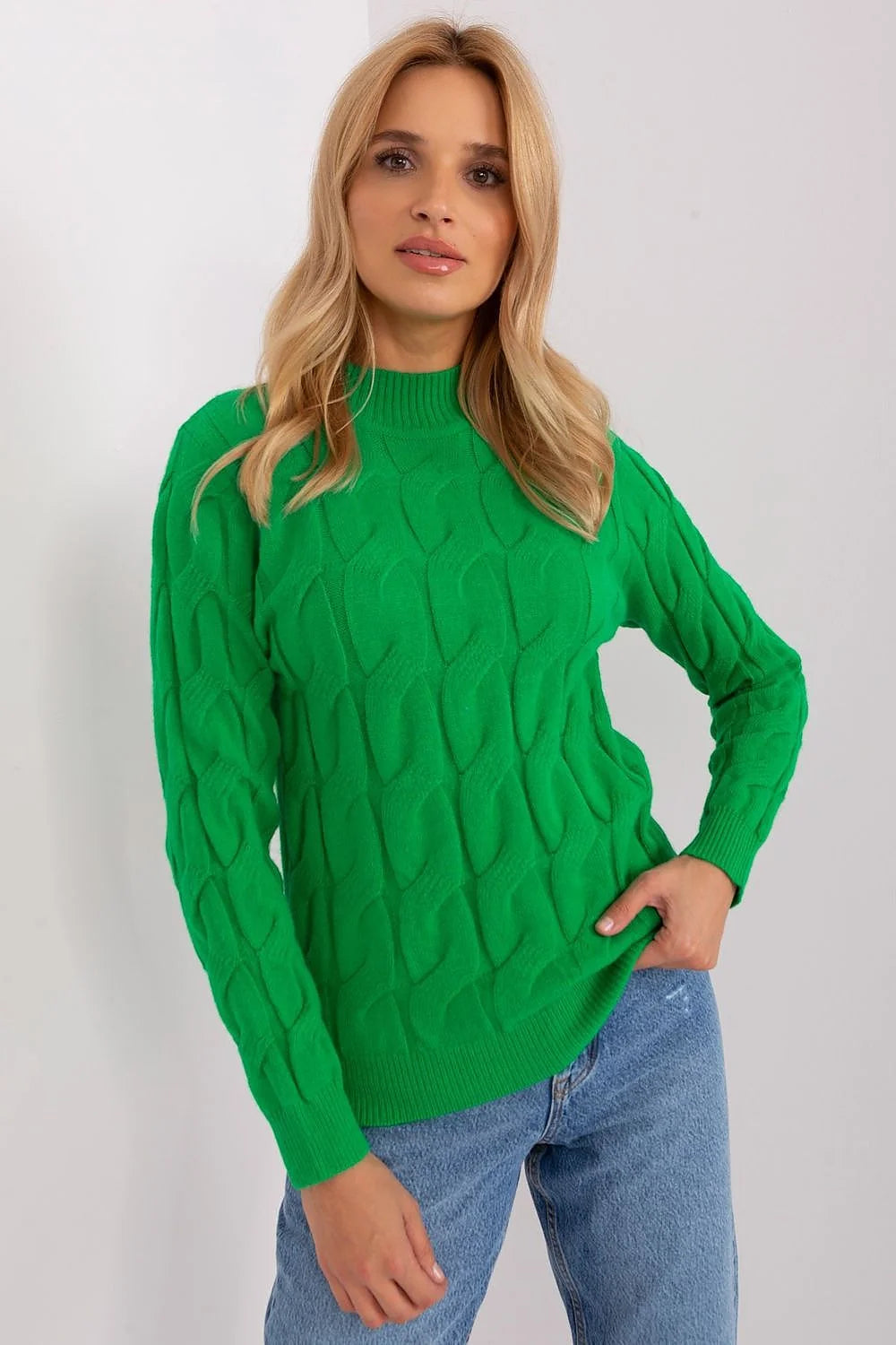 Pull élégant pour femmes maille tricotée texture torsadée vert vif col montant manches longues coupe ample