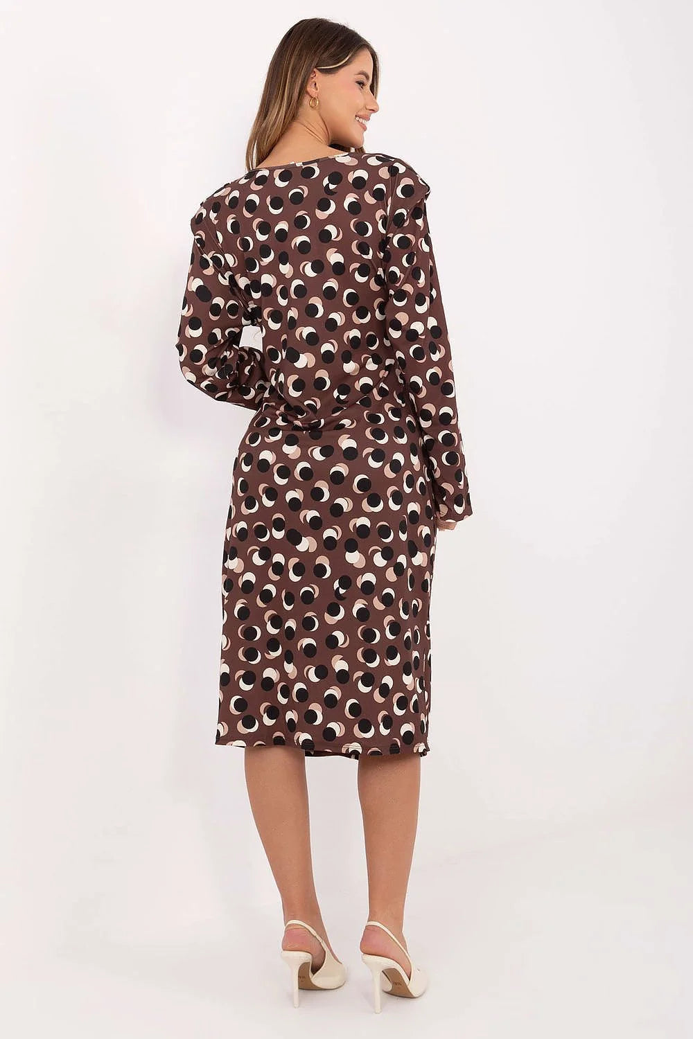 robe midi femme manches longues col rond cintrée drapée viscose polyester marron imprimé géométrique pastilles noires froncé taille