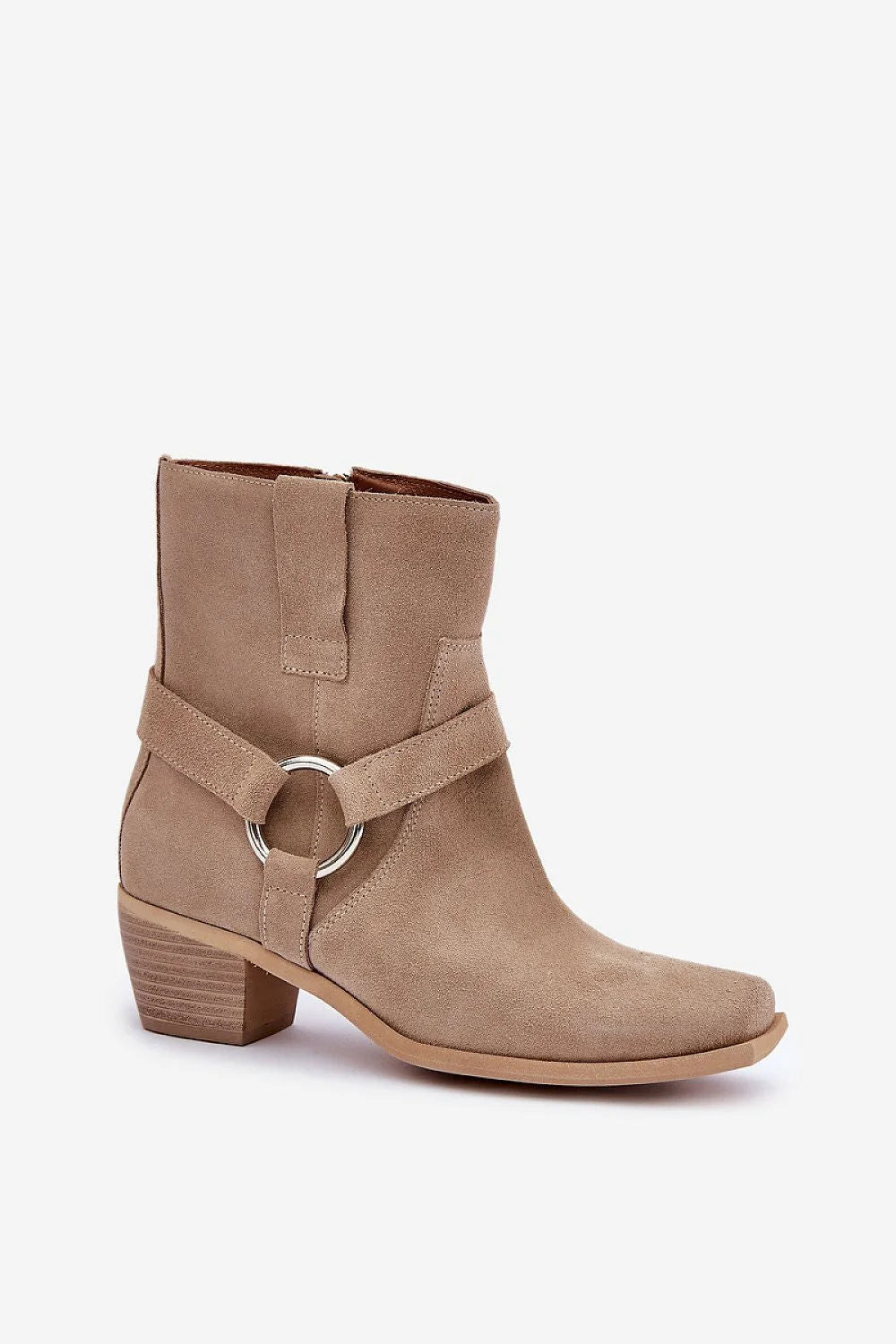 Bottes en daim synthétique talons carrés style décontracté pour femmes, couleur beige, coupe mi-mollet, fermeture éclair latérale, détails métalliques, confort et élégance