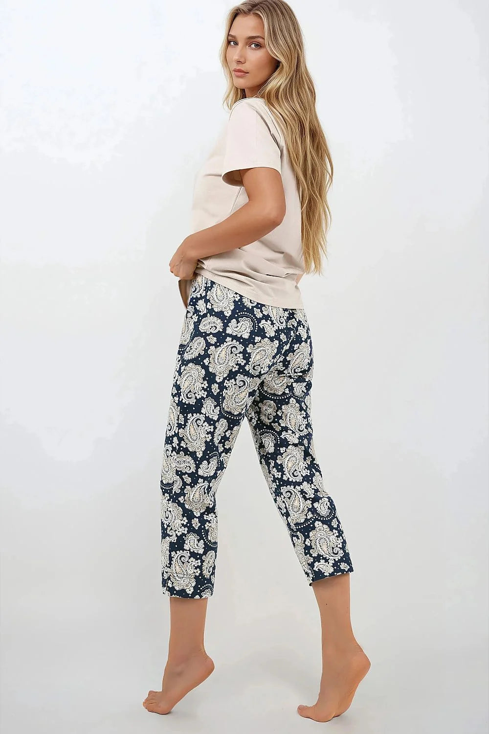 pyjama femme élégant ample confortable coton doux respirant haut col rond manches courtes pantalon jambe droite taille élastique imprimé paisley
