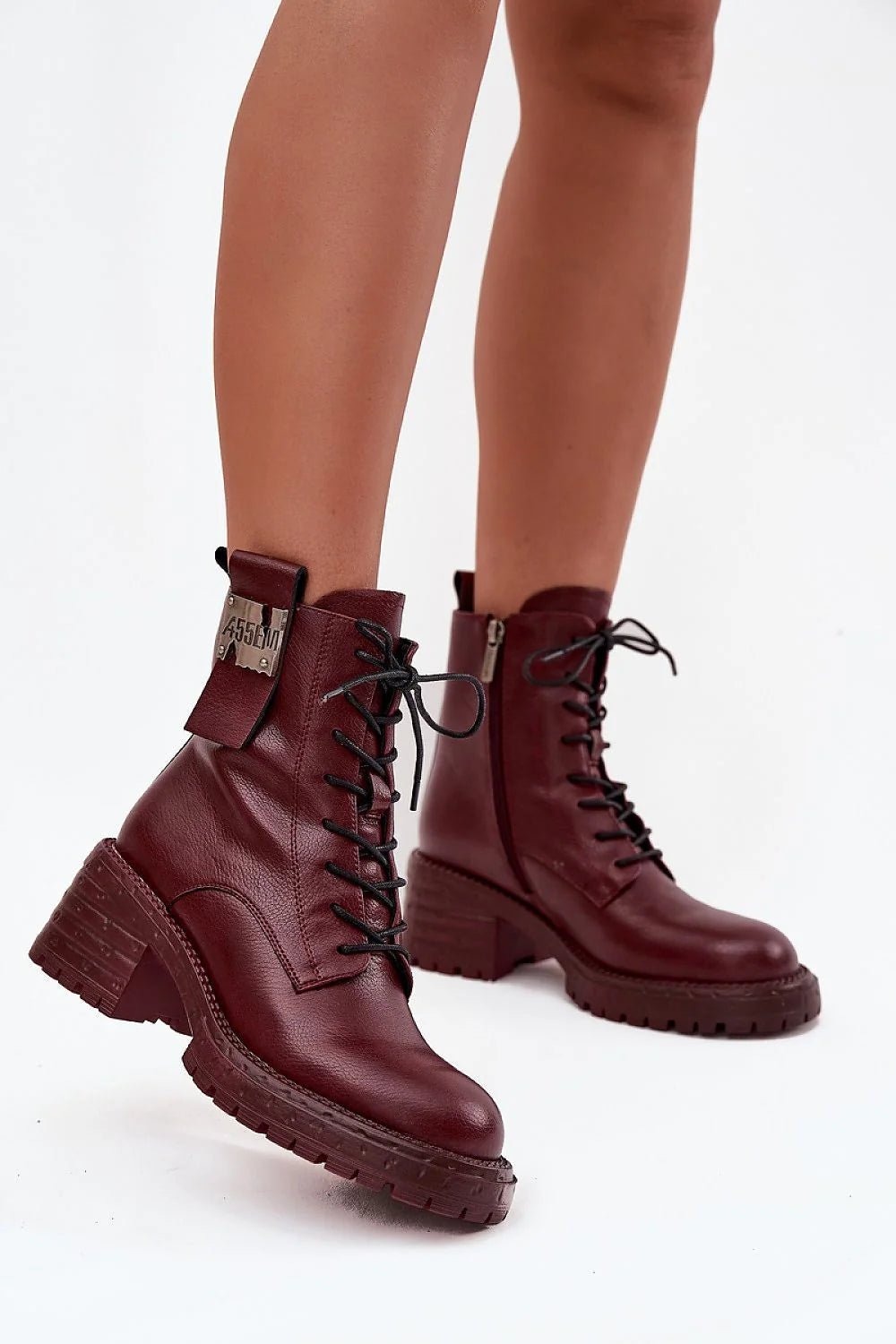 Artiker bottines femme cheville lacets zip latéral talon bloc moyen semelle crantée antidérapante cuir bordeaux profond