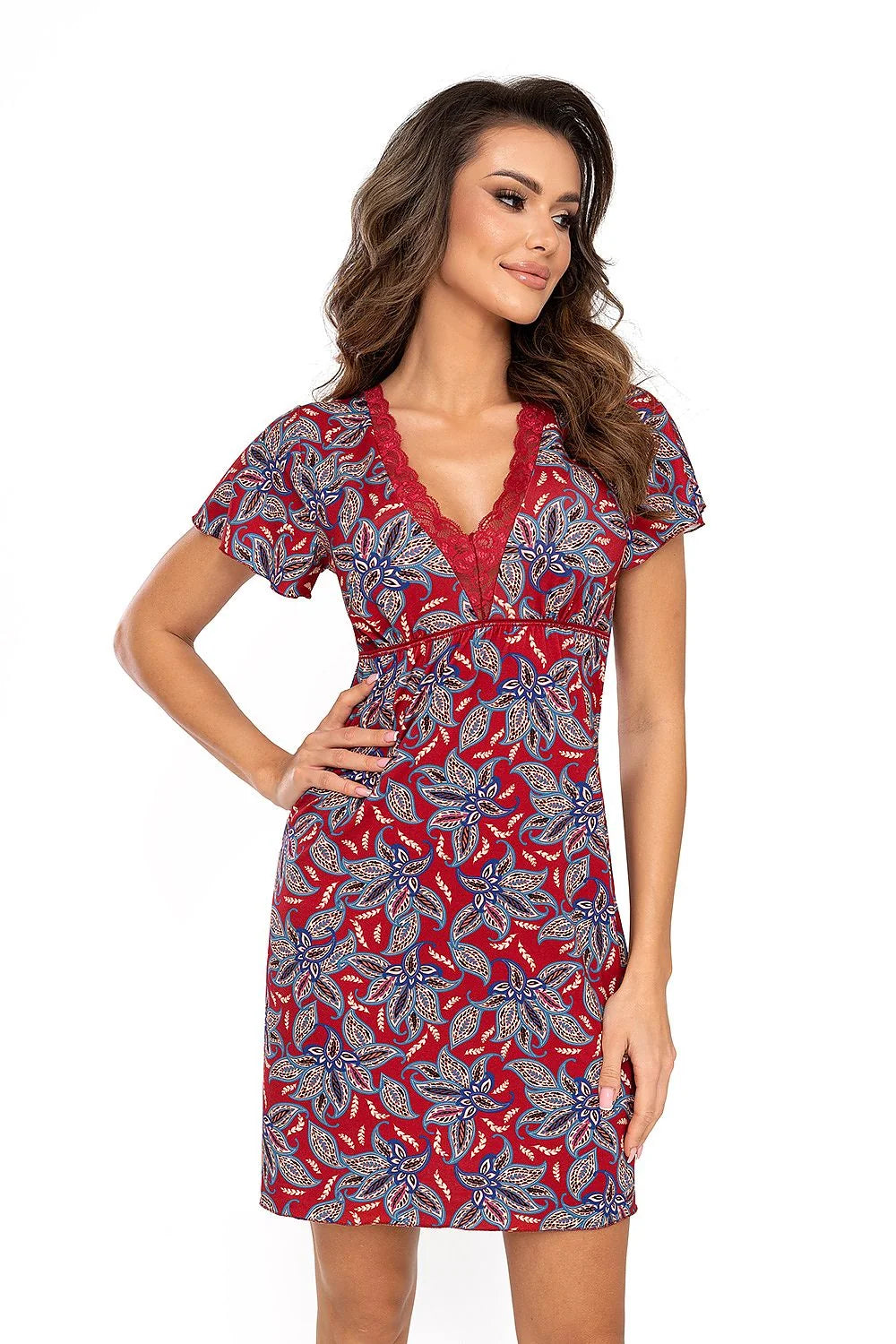 Robe femme courte ajustée motif floral rouges bleues dentelle neckline V manches courtes décontractée été