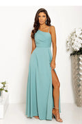 robe longue asymétrique bleu pastel soirée cérémonie bretelles fines encolure drapée taille cintrée jupe évasée crêpe fente haute coutures discrètes