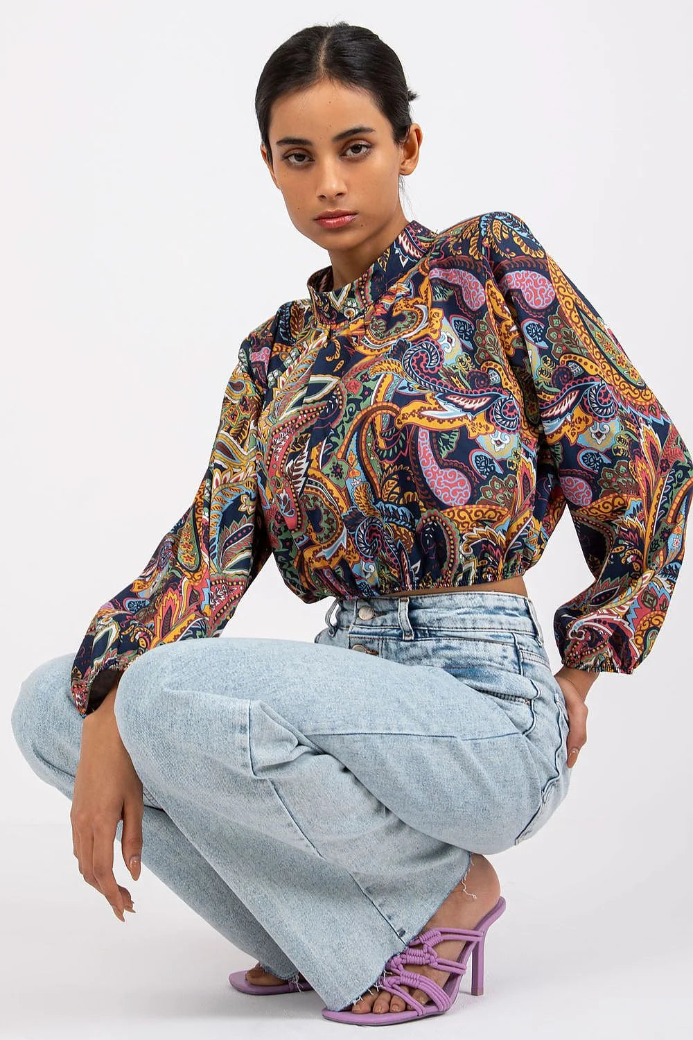 Chemisier bohème multicolore polyester élasthanne manches longues col montant motifs floraux style vintage on femme