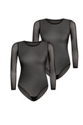 Body féminin maille transparente noire manches longues encolure structurée agrafes réglables coton intérieur elasthanne viscose XS S M L XL