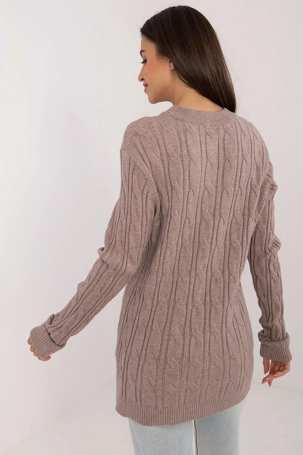 pull femme torsadé taupe rosé maille douce tricot épais col rond manches longues coupe ample oversize bords côtes