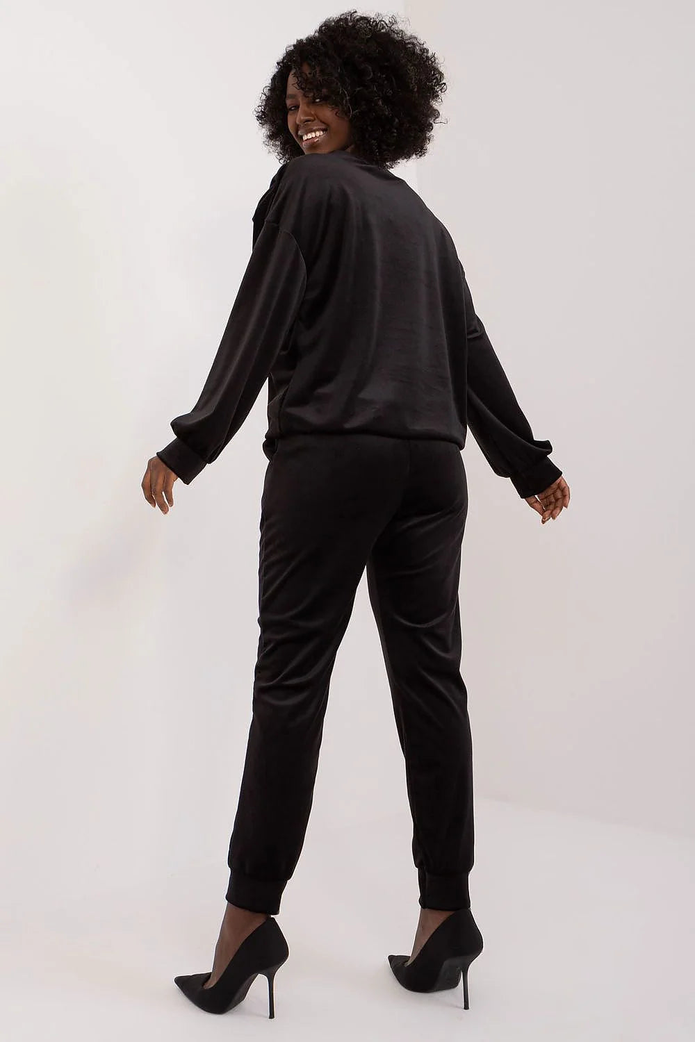 Ensemble coordonné Italy Moda deux pièces femme noir élégant décontracté haut sweatshirt pantalon velours polyester