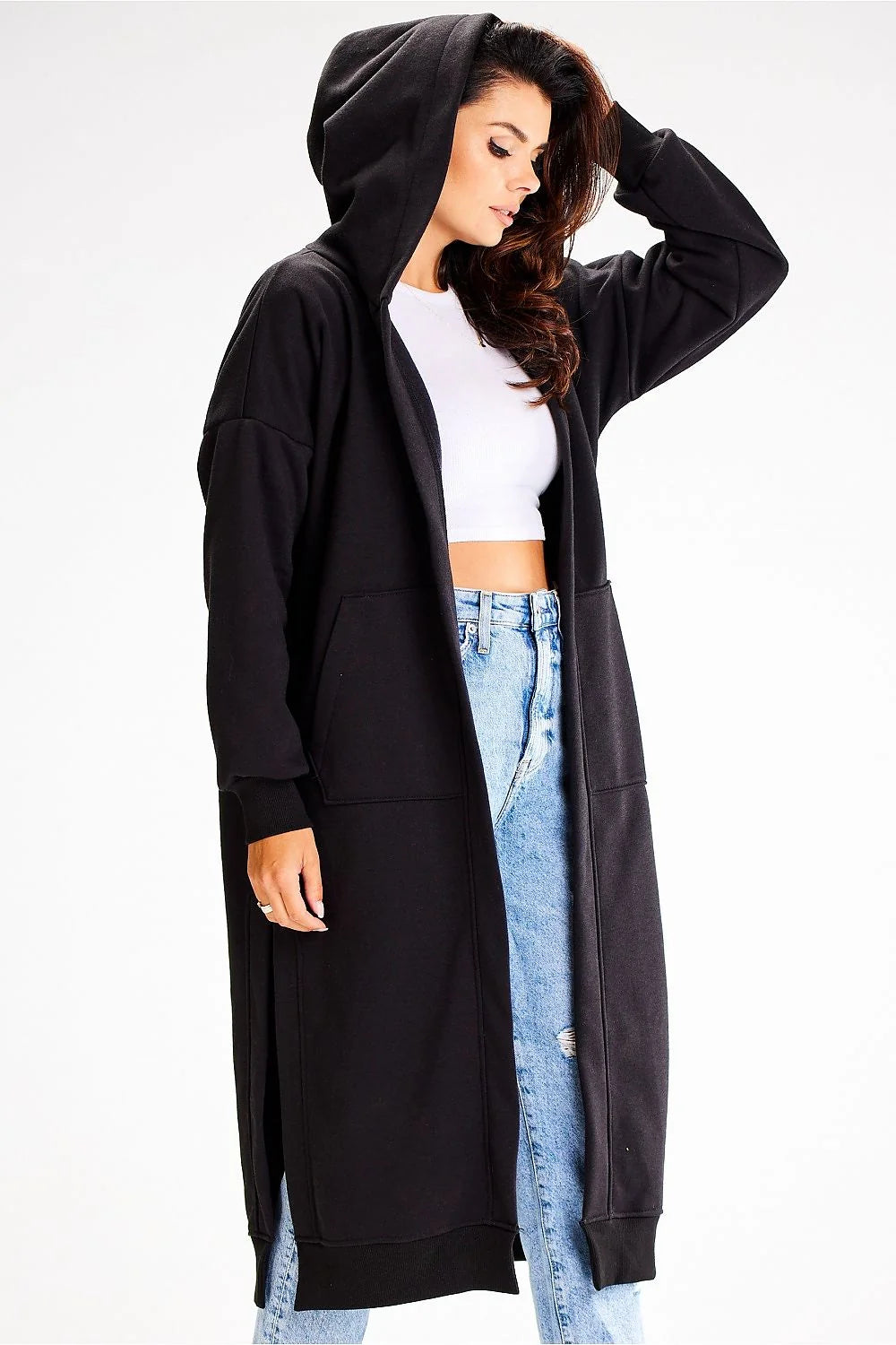 sweatshirt awama femme oversize long capuche poches plaquées coton élasthanne noir molleton épaules tombantes manches longues poignets côtelés