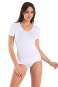 T-shirt femme en coton col V manches courtes ajusté couleur noire qualité supérieure sans coutures visibles