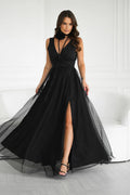 robe longue élégante mousseline noire décolleté V portefeuille bretelles larges taille cintrée jupe fluide tulle superposée fente haute