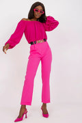 pantalon femme Italy Moda taille haute ceinture élastique décorative noire chaîne dorée poches latérales coupe ajustée cheville fuchsia polyester