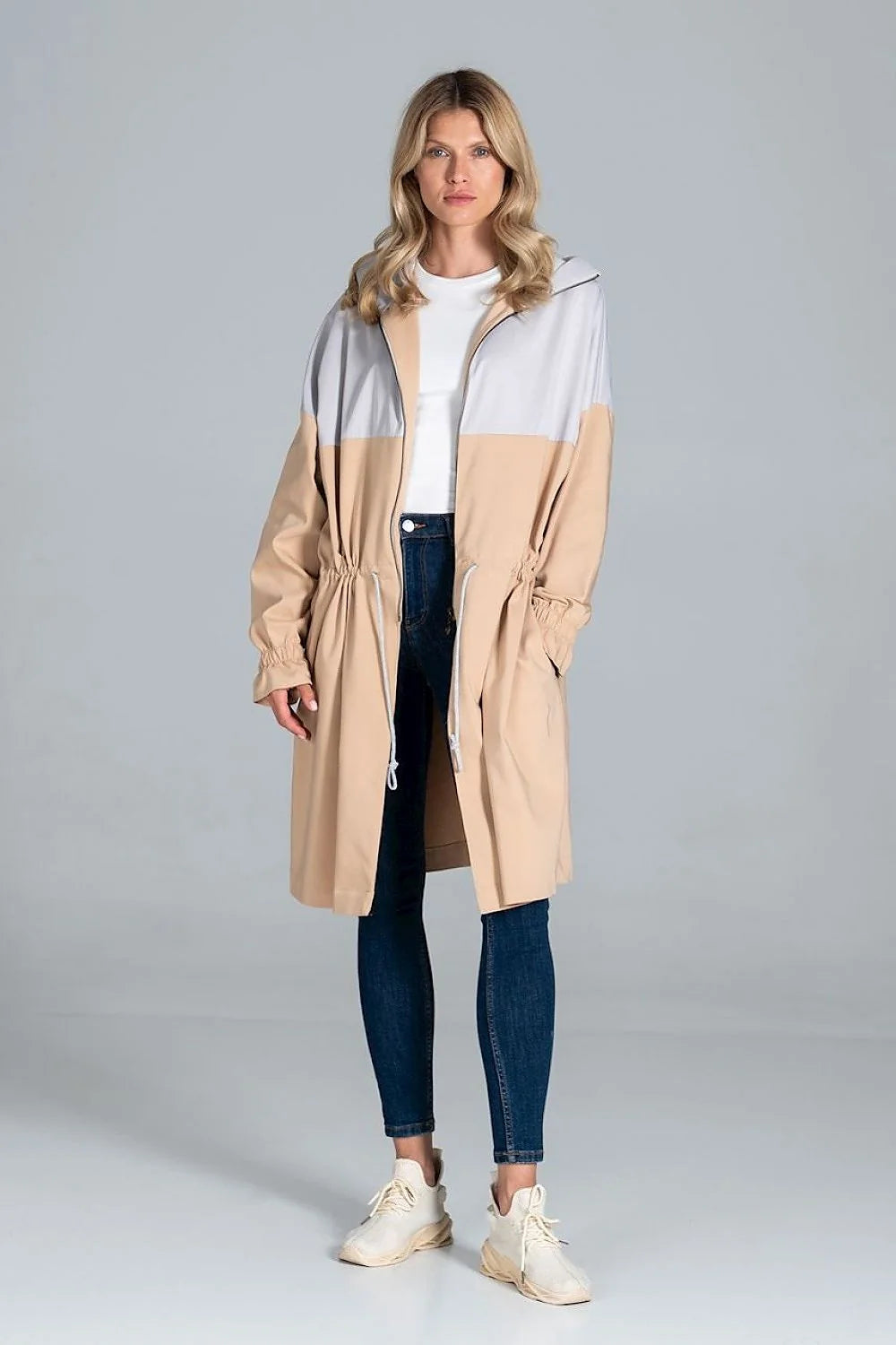 Manteau femme polyester bicolore gris clair beige long élégant urbain capuche mi-saison mode automne