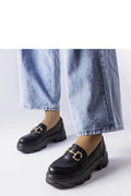 Mocassins pour femmes design moderne élégant cuir noir écologique double boucle dorée semelle épaisse crantée confort durable