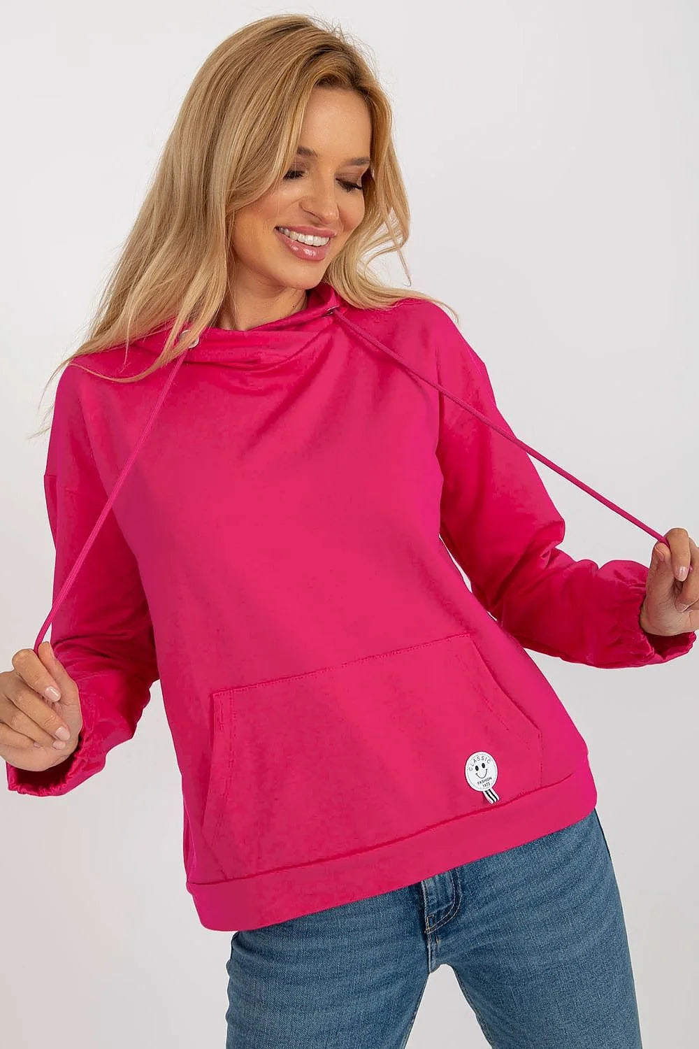 Sweat à capuche pour femmes design moderne couleur rose vif coton doux coupe ample manches longues poche kangourou logo souriant