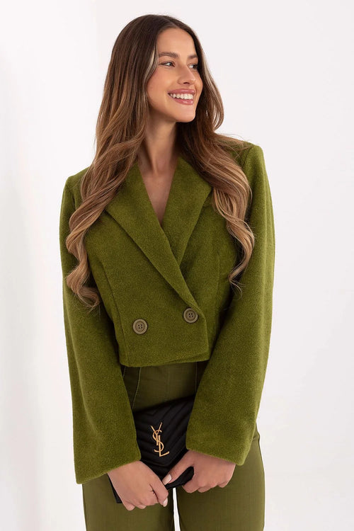 manteau court femme croisé doubleboutonnage blazer cropped vert olive polyester col revers larges manches longues boxy