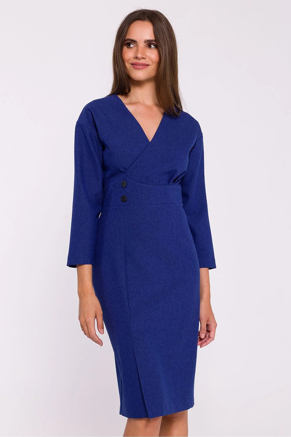 Robe de jour Stylove élégante bleu roi col V croisé manches longues évasées taille ajustée fente avant midi longueur femme