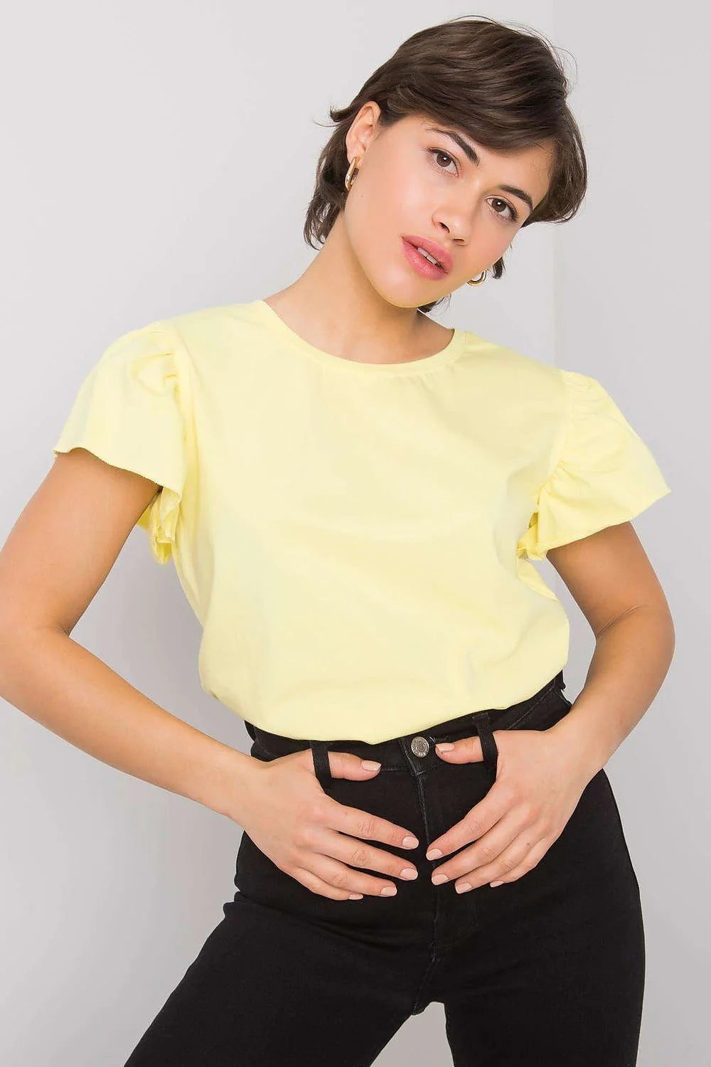 Chemisier Fancy à manches courtes en volant couleur jaune clair en coton 95% lycra 5% pour femme occasionnels et décontracté