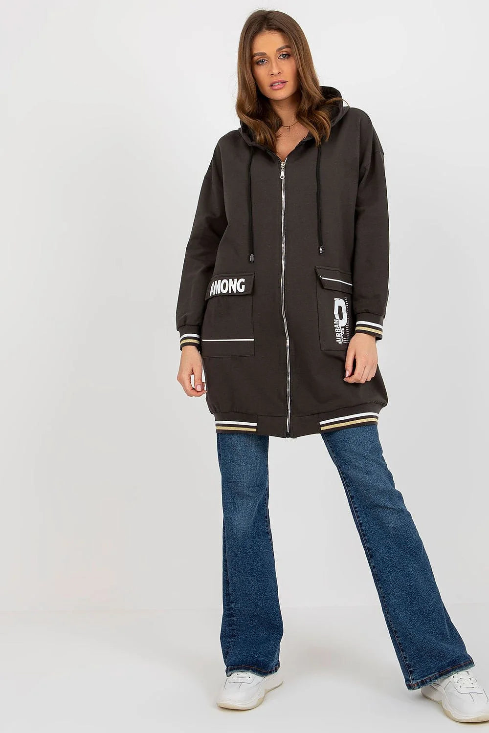Sweatshirt Relevance pour femme, oversized, design urbain moderne, manches longues, fermeture éclair intégrale, poches grandes, coton élasthanne, tailles S/M-L/XL
