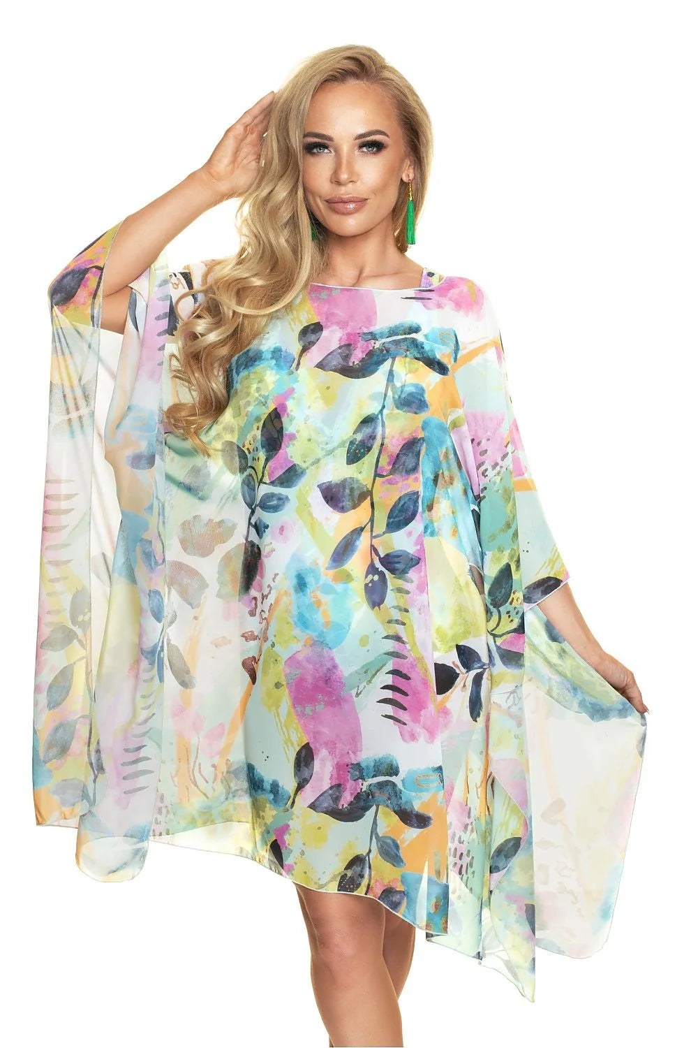 Poncho de plage Irall pour femmes, design floral abstrait, manches longues, coupe asymétrique, matériau léger, semi-transparent, polyester 100%, Pologne