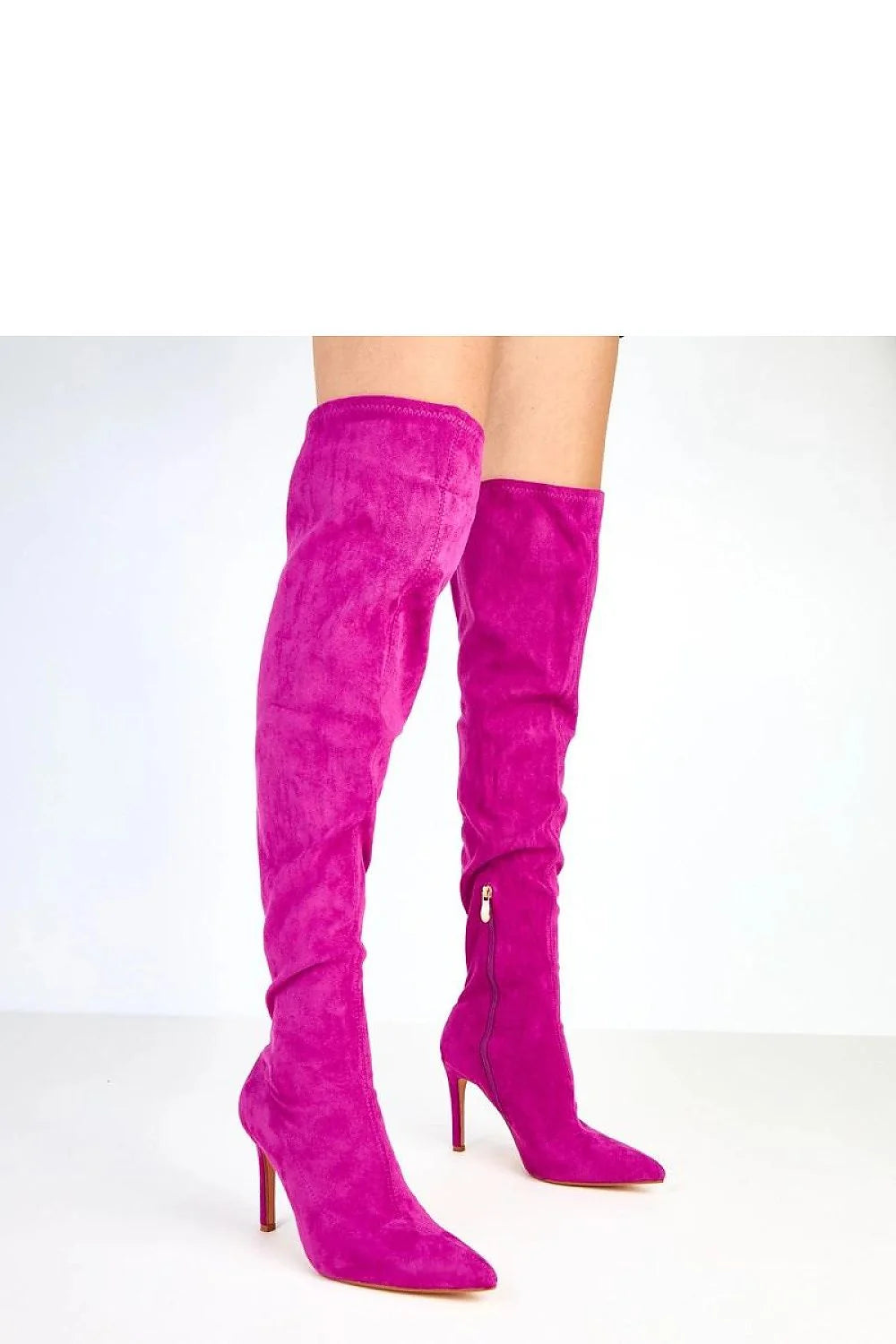 cuissardes femme velours suédé fuchsia bout pointu talon aiguille élancé sexy froncé fermeture éclair intérieure tirette dorée semelle fine soirée