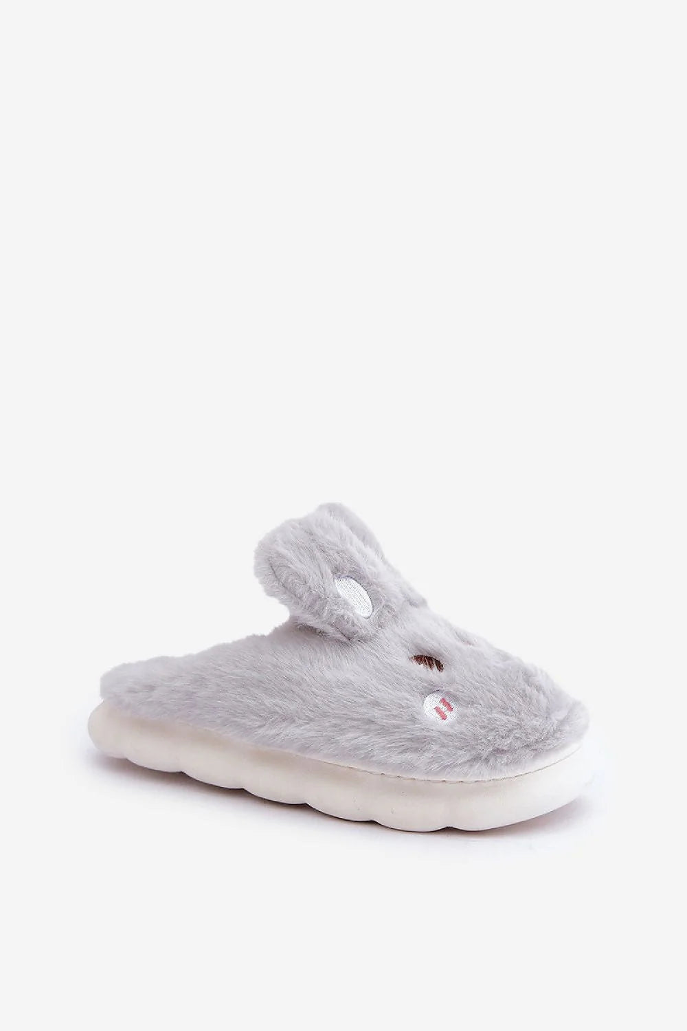pantoufles fausse fourrure grise femme mules intérieur cosy lapin oreilles relief brodées yeux nez joues roses semelle antidérapante