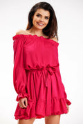 Robe de jour féminine style décontracté élégant couleur rose vif manches longues ceinture ajustable polyester viscose femme
