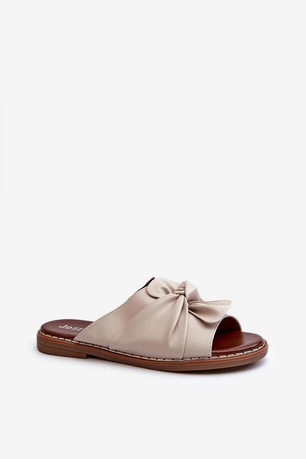 sandales femme mule plate bout ouvert beige champagne cuir synthétique grainé noeud décoratif large bride semelle intérieure coussinée