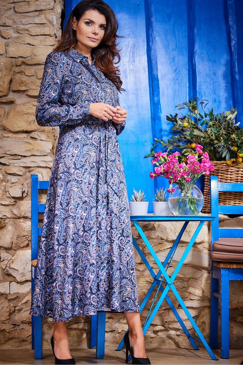 robe awama femme longue chemise manches longues motifs floraux marron caramel fluide ceinture ajustable evasee boutonnage