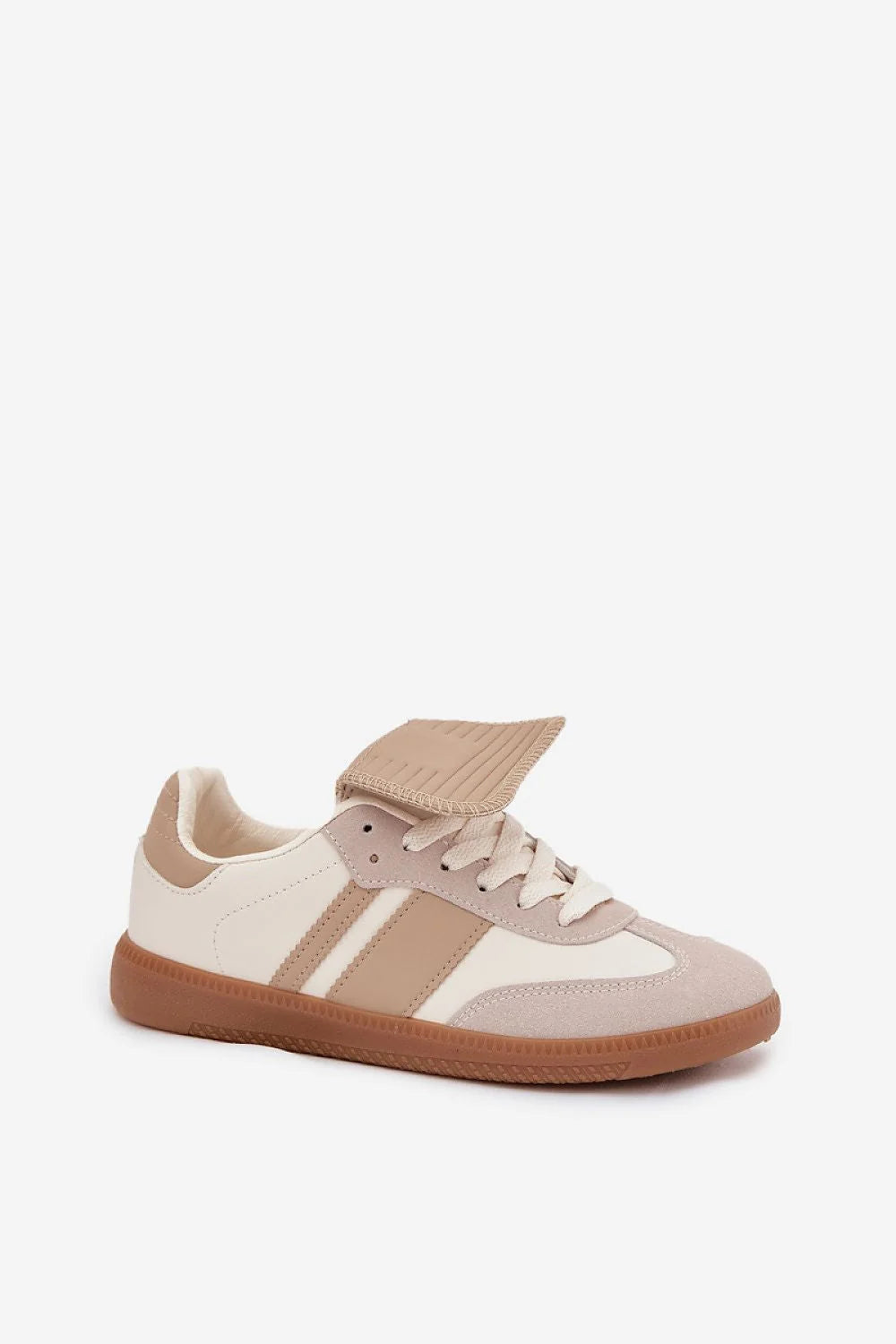 sneakers femme basses similicuir daim textile beige crème languette oversize repliée semelle gomme brun semelleintérieure mousse amorti confortable lacets ajustables