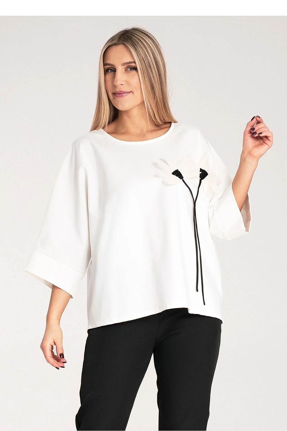 Chemisier Figl féminin élégant décontracté manches trois-quarts fleurs brodées coton élasthanne polyester femme mode été