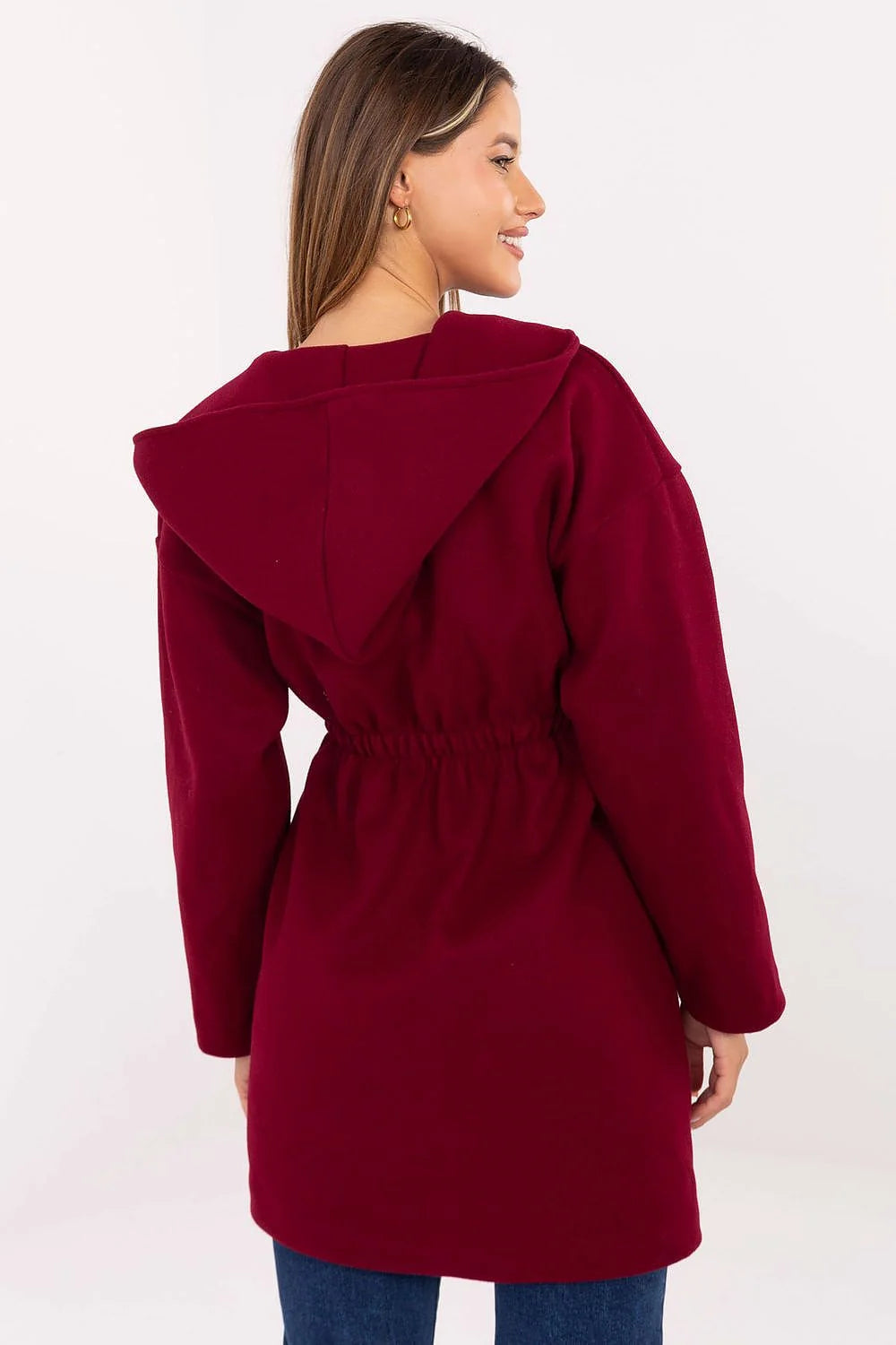 manteau femme mi long ceinturé col châle poches latérales coupe ample manches longues tombé élégant bordeaux laine mélangée