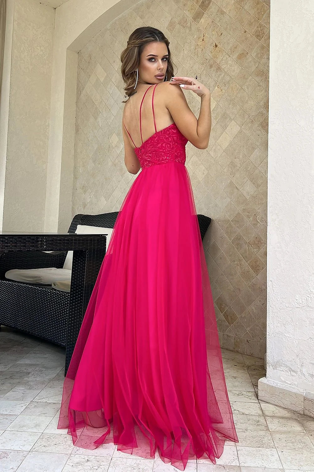 Robe longue Bicotone élégante dentelle fuchsia V-neck tulle fente dos invisible soirée mariage femme
