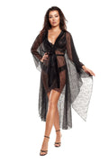 peignoir dentelle noir long transparent kimono manches longues col V plongeant ceinture satinée ourlet asymétrique lingerie femme élégant sensuel