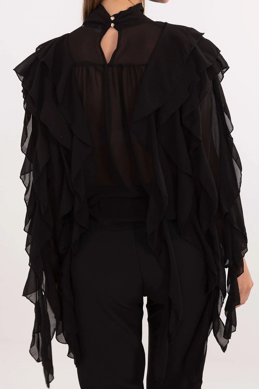 chemise femme élégante viscose polyester stretch douce ajustée manches longues col roulé boutons volants dos devant romantique polyvalente