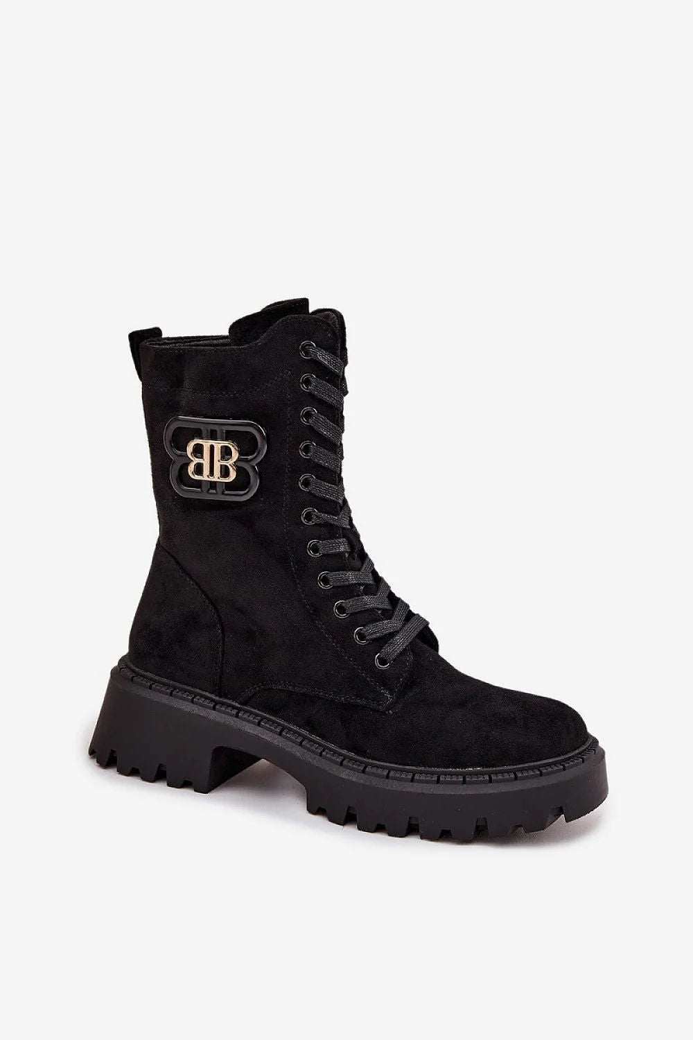 bottines montantes workwear urbaines suédine noires effet daim bout rond plateforme crantée épaisse lacets zip peluche doublée talon stable adhérence