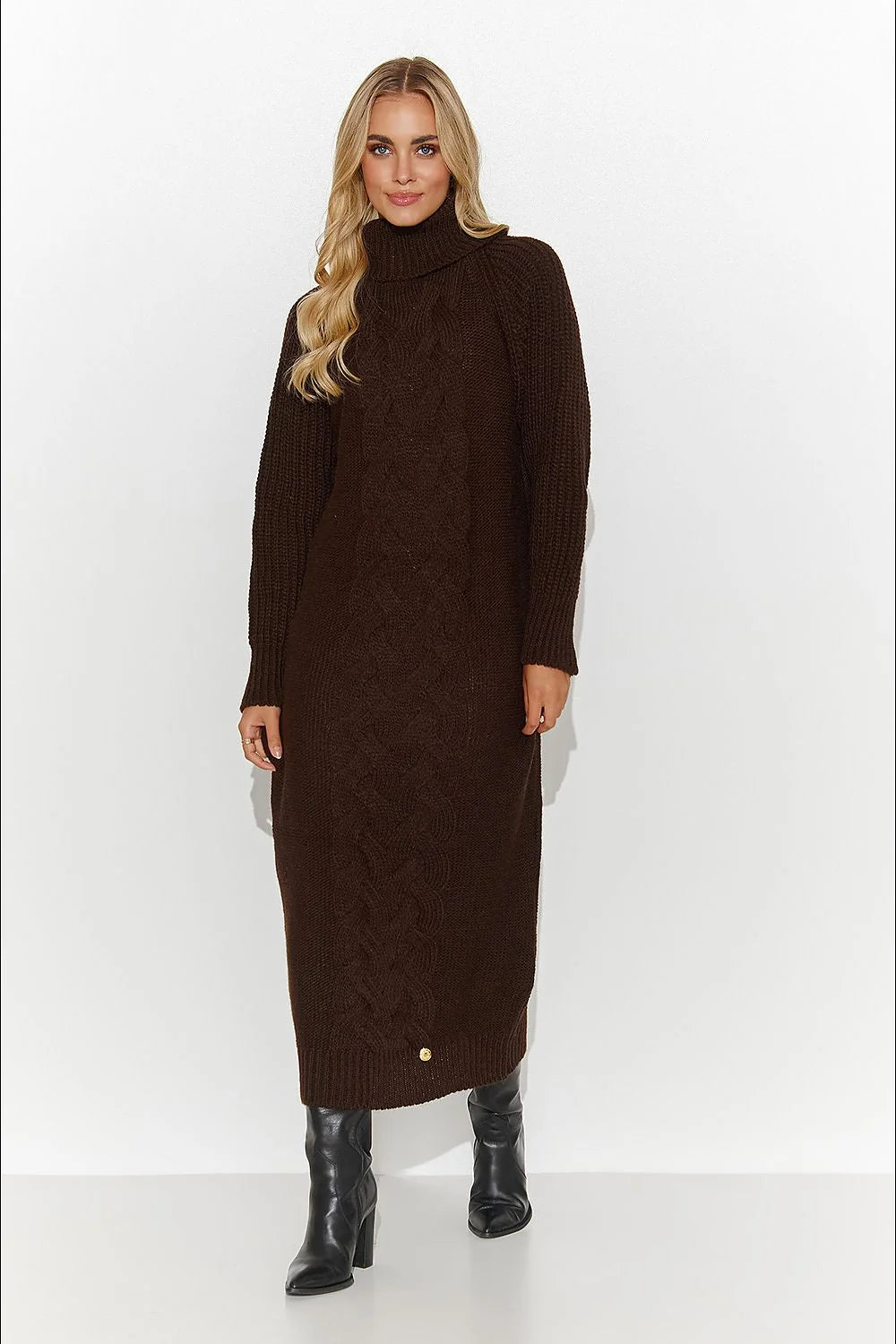 Robe pullover longue manches longues col roulé tricot couleur brun chocolat matière épaisse femme automne hiver élégance confort