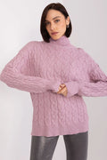 Pull-over torsadé pour femme en maille écossaise couleur mauve pastel manches longues col montant finitions côtelées coupe ample matière douce et chaude