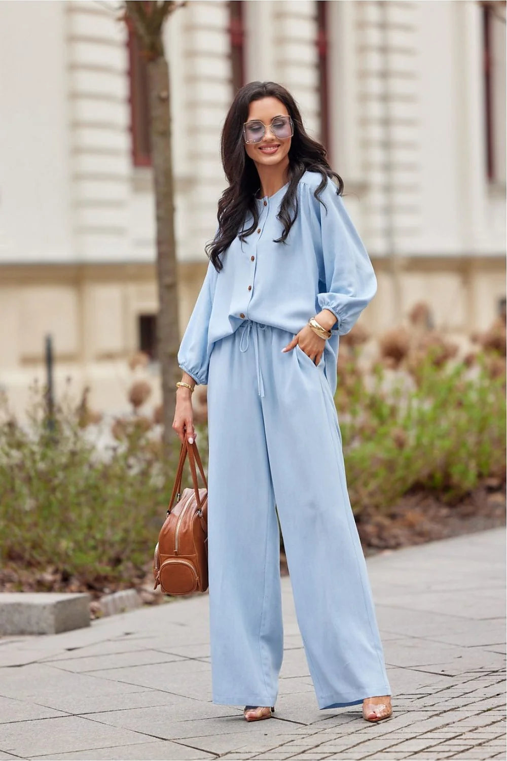 Pantalon femme Roco Fashion élégant moderne en Tencel bleu clair taille élastique jambes larges occasionnels casual semi-formel
