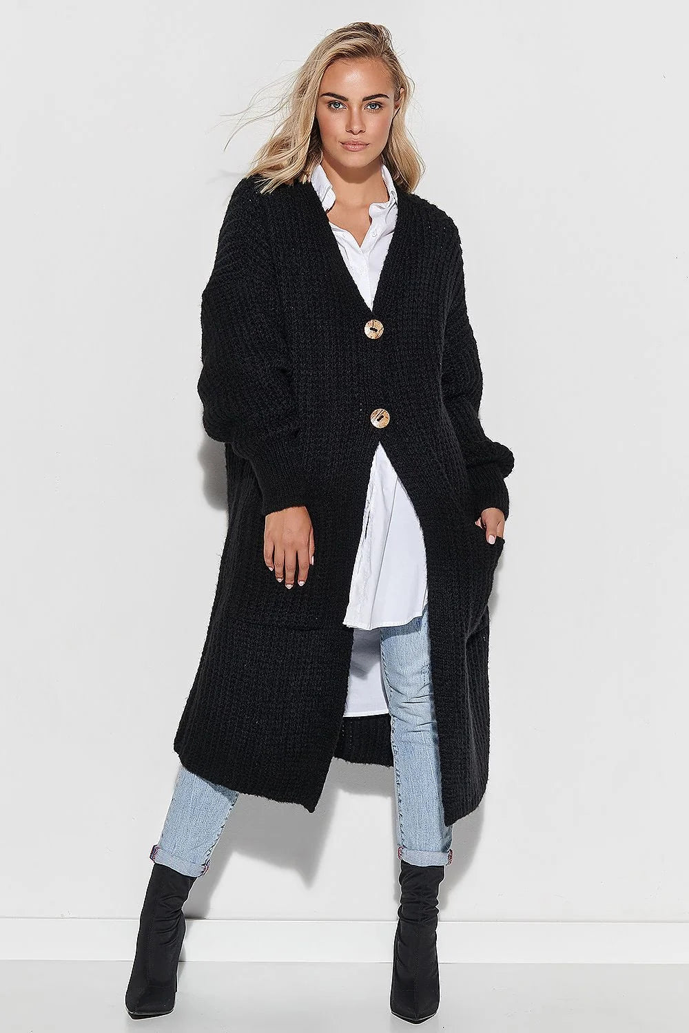 Cardigan long en laine noir Makadamia, style rétro, confort, élégant, mode casual pour femmes