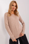 Chandail pour femme en coton mélange beige motif géométrique manches longues encolure ronde finitions côtelées