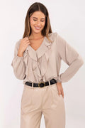 chemisier femme volants jabot manches bouffantes col V beige sable fluide léger coupe ample chic bureau soirée enfilage facile durable