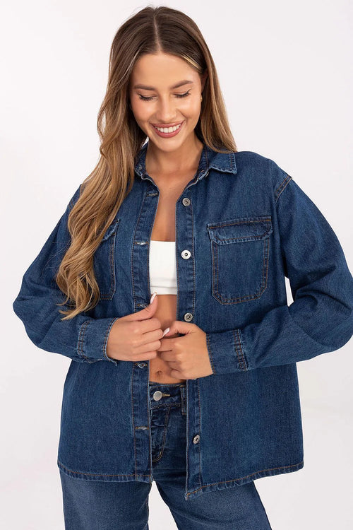 Veste en jean classique pour femme couleur bleu indigo coton 100% coupe droite col chemise boutons métalliques contrast stitching