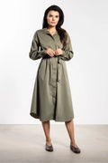 robe chemise midi kaki manches longues col classique ceinture nouée taille marquée boutons dissimulés poches latérales popeline structurée coupe trapèze
