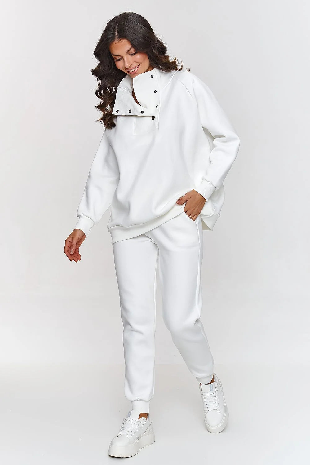 Ensemble Makadamia Femme: Survêtement Décontracté Blanc en Coton Fleece Pull à Boutons-Pressions Pantalon Jogging Élastique Taille Élastique Occasion Polyvalente