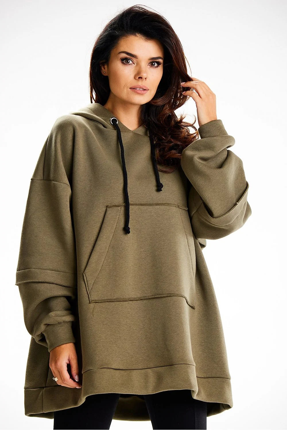 Sweatshirt Femme Oversize Doux en Coton Khaki Capuche Poche Kangourou Confortable Usage Quotidien Style Moderne