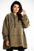 Sweatshirt Femme Oversize Doux en Coton Khaki Capuche Poche Kangourou Confortable Usage Quotidien Style Moderne