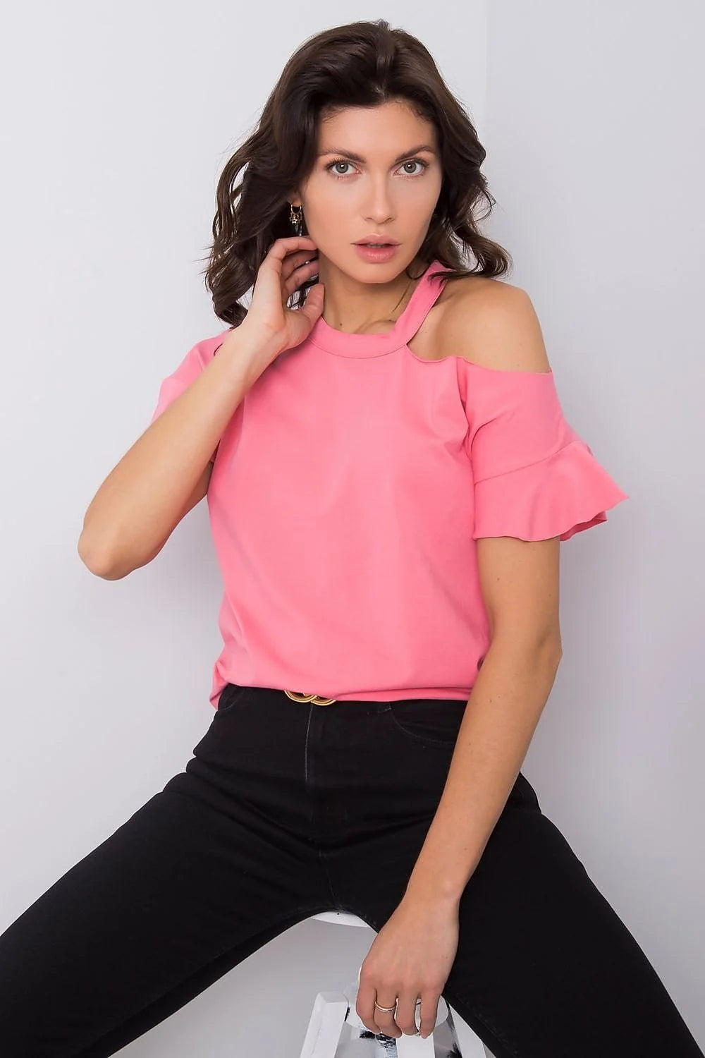 Blouse Fancy asymétrique pour femme, style cold shoulder, manches courtes, couleur rose vif, coton stretch, confortable, versatile, occasion多种